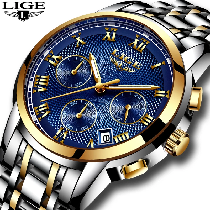 

Часы наручные LIGE мужские с хронографом, роскошные Брендовые спортивные водонепроницаемые кварцевые полностью стальные, с коробкой