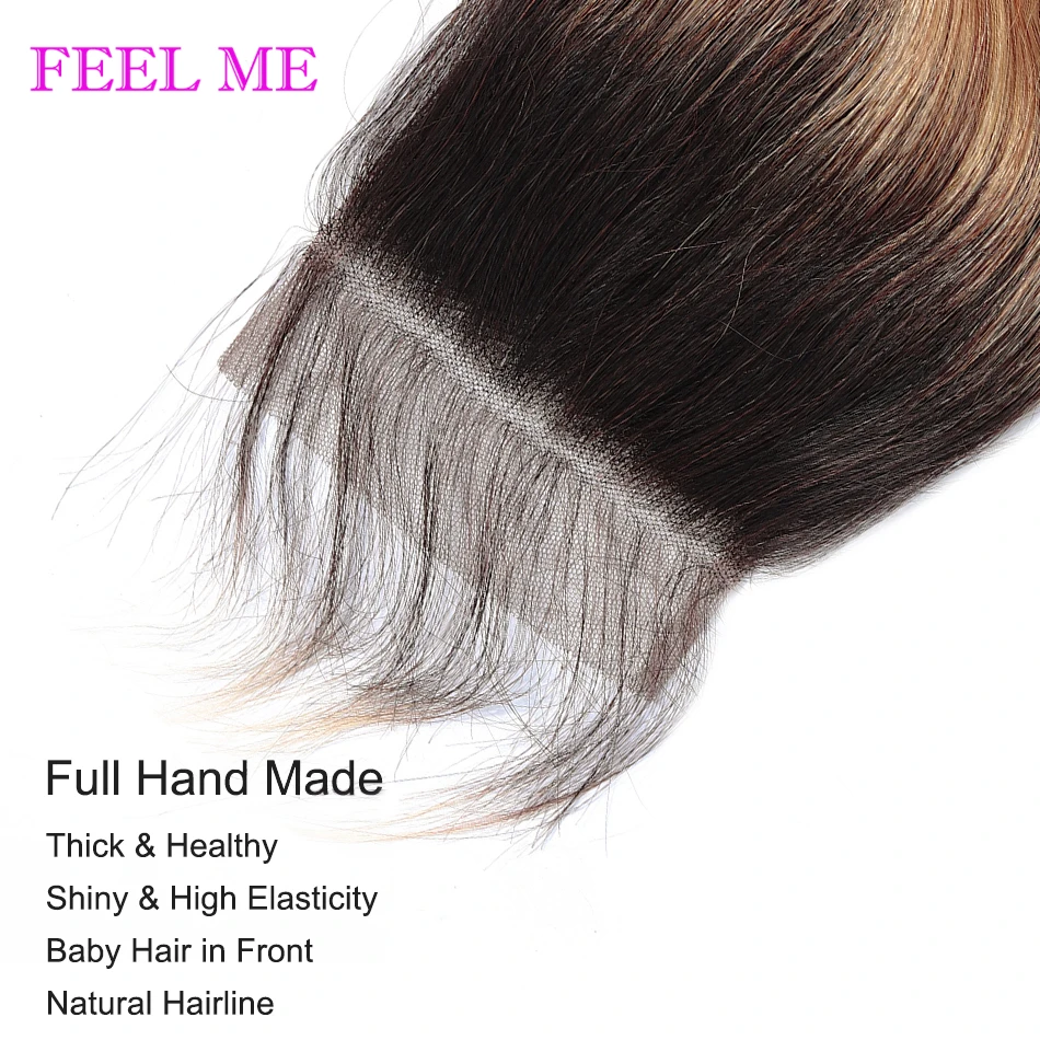 

FEELME 99j Lace Closure Ombre Peruvian Body Wave Human Hair Lace Closure 4x4 Free Part Closure #1b/27 Honey Blonde Closure Remy