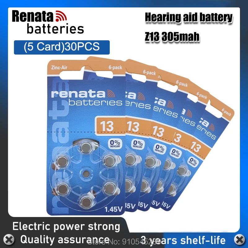 30pcs/5pack 100% RENATA A13 13A ZA13 13 1.45V Advanced Button Cell Battery Hearing Aid Batteries | Электроника