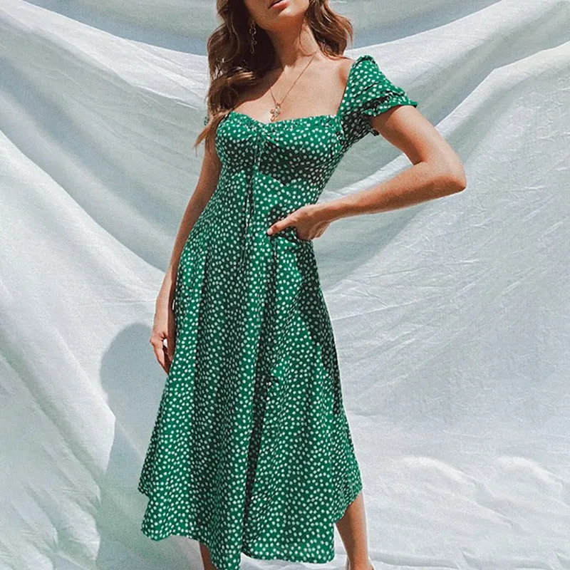 Elegant Women Sexy Square Collar Ruffle Dot Print Split Mid Dress Short Sleeve Summer Bohemian Beach Casual Green Midi Dress
Elegant Women Sexy Square Collar Ruffle Dot Print Split Mid Dress Short Sleeve Summer Bohemian Beach Casual Green Midi Dress
