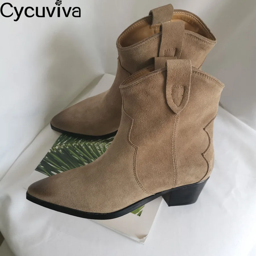 

Sexy Pointy Toe Chunky Heels Ankle Boots For Women Nude Suede Chelsea Short Boots Runway Autumn Winter Shoes Woman Botas Mujer