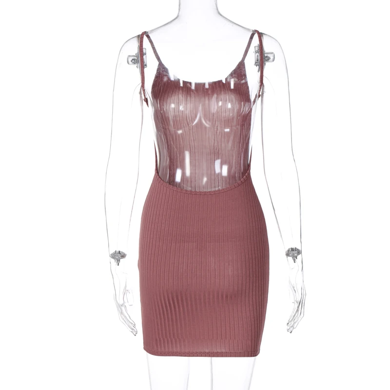 hirigin Ribbed Knitted Stripe Women Strap Mini Dress Backless Bodycon Sexy Streetwear Club Elegant 2021 Summer Solid Clothes