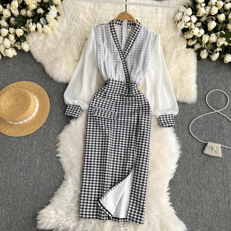 Spring OL Houndstooth Pencil Dress V Neck Contrast Color Patchwork Slim Hip Split Leopard Long Dress
Spring OL Houndstooth Pencil Dress V Neck Contrast Color Patchwork Slim Hip Split Leopard Long Dress