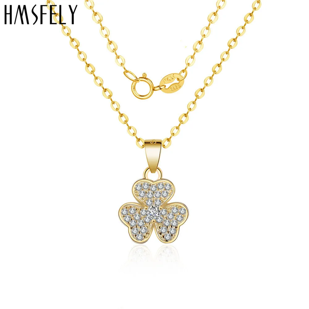 

HMSFELY Real 925 Silver Charm Lucky Clover Pendant Necklace Plant Dangles Women Necklace Jewelry Chains 40cm Length