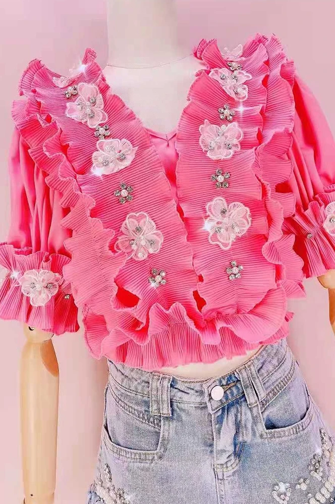 Female Fashion Short-Sleeved New Sweet Beaded Shirt Three-Dimensional Flowers Ruffles Stitching Short Top Women's Fairy Blouse
Female Fashion Short-Sleeved New Sweet Beaded Shirt Three-Dimensional Flowers Ruffles Stitching Short Top Women's Fairy Blouse