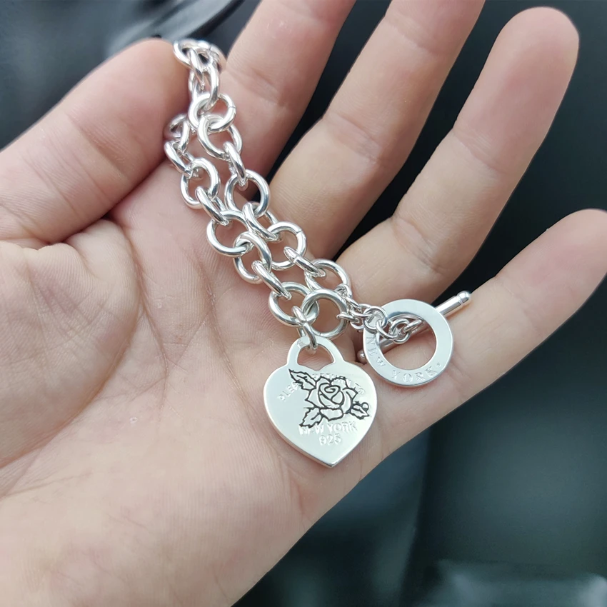 Sterling Silver Women's Bracelet Popular Rose Flower Pattern Heart Tag T-shaped Buckle Bracelet Personality All-Match Jewelry 
Sterling Silver Women's Bracelet Popular Rose Flower Pattern Heart Tag T-shaped Buckle Bracelet Personality All-Match Jewelry