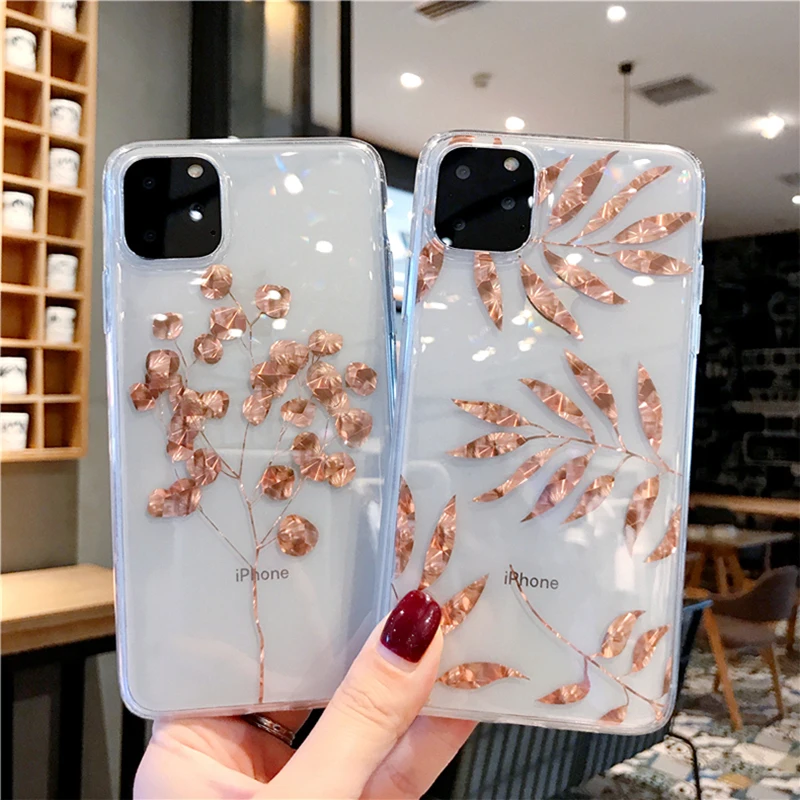 Роскошный Блестящий Прозрачный чехол для iPhone 8 7 Plus XS 11 Pro чехлы MAX XR Золотой лист