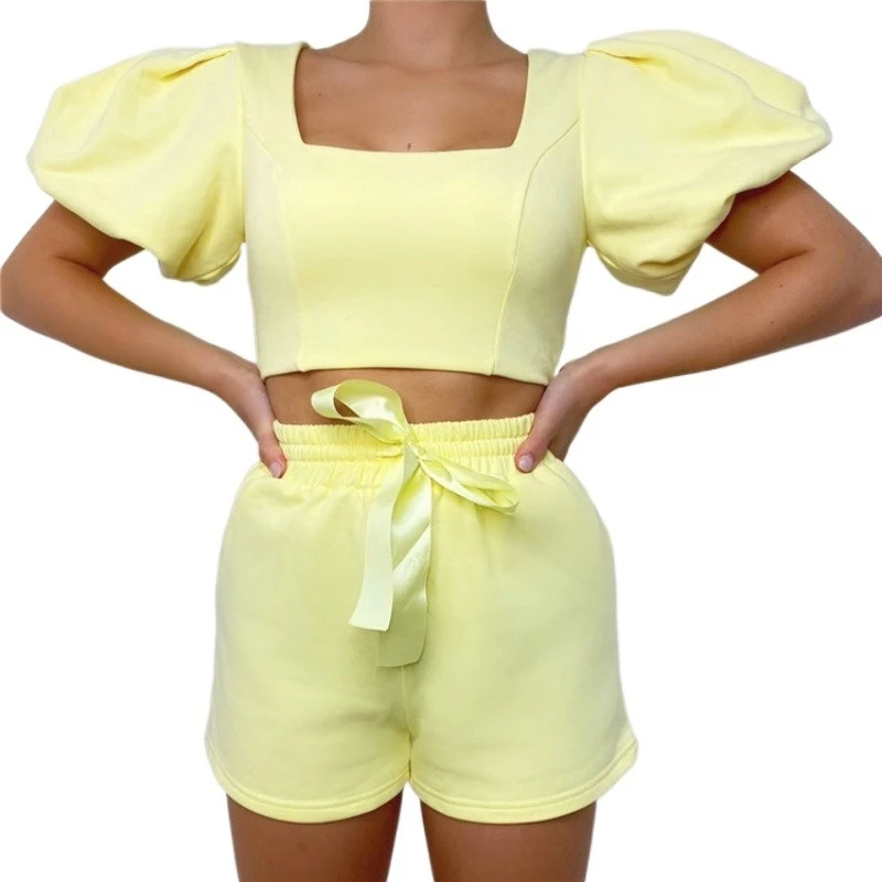 Women Loungewear Set Square Collar Short Puff Sleeve Shorts Two Piece Sets Summer Solid Color Casual Bowknot Outfits Rompers
Women Loungewear Set Square Collar Short Puff Sleeve Shorts Two Piece Sets Summer Solid Color Casual Bowknot Outfits Rompers