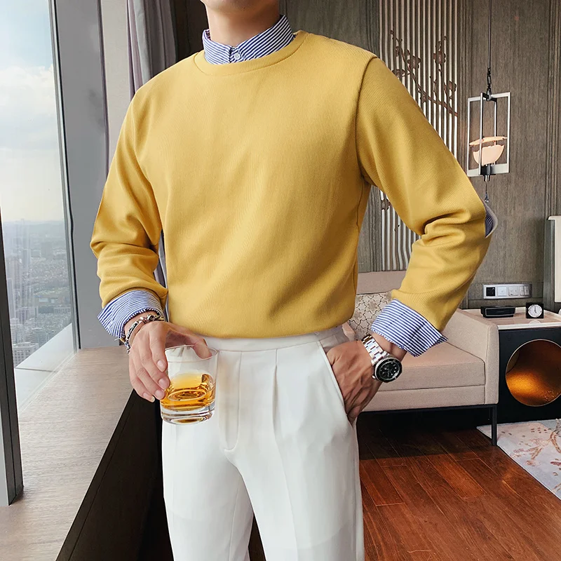 Fake 2-piece Contrast Color Splicing Knitted Sweater Ersey Cuello Alto Hombre Fashion Sweater Men British Business Slim Shirt
Fake 2-piece Contrast Color Splicing Knitted Sweater Ersey Cuello Alto Hombre Fashion Sweater Men British Business Slim Shirt