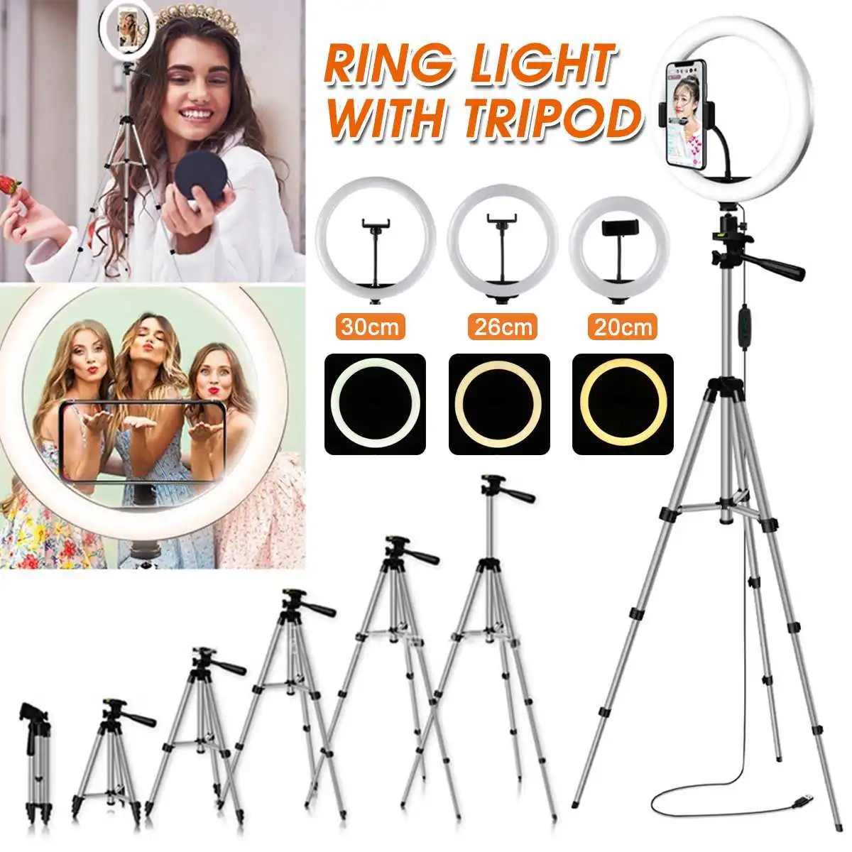 30/26/20cm LED Ring Light Selfie Photography Ringlight Phone Stand Holder Tripod Circle Fill Light Dimmable Lamp Trepied Makeup
30/26/20cm LED Ring Light Selfie Photography Ringlight Phone Stand Holder Tripod Circle Fill Light Dimmable Lamp Trepied Makeup