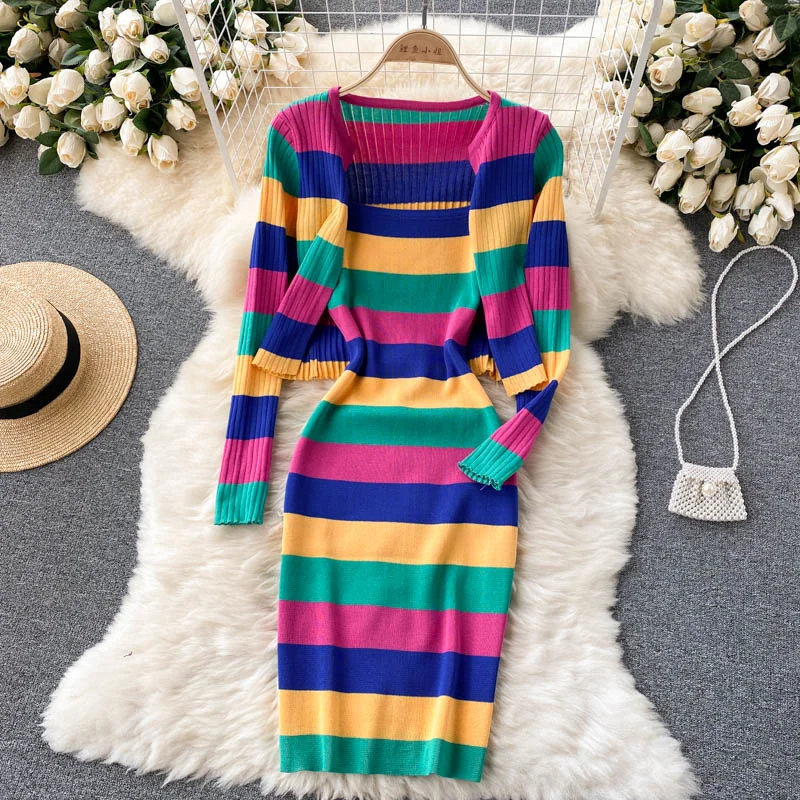 Striped Knitted Two Piece Set Women Crop Top + Sexy Spaghetti Strap Dress Suits Sweet Long Sleeve Sweater Cardigan 2 Piece Suits
Striped Knitted Two Piece Set Women Crop Top + Sexy Spaghetti Strap Dress Suits Sweet Long Sleeve Sweater Cardigan 2 Piece Suits