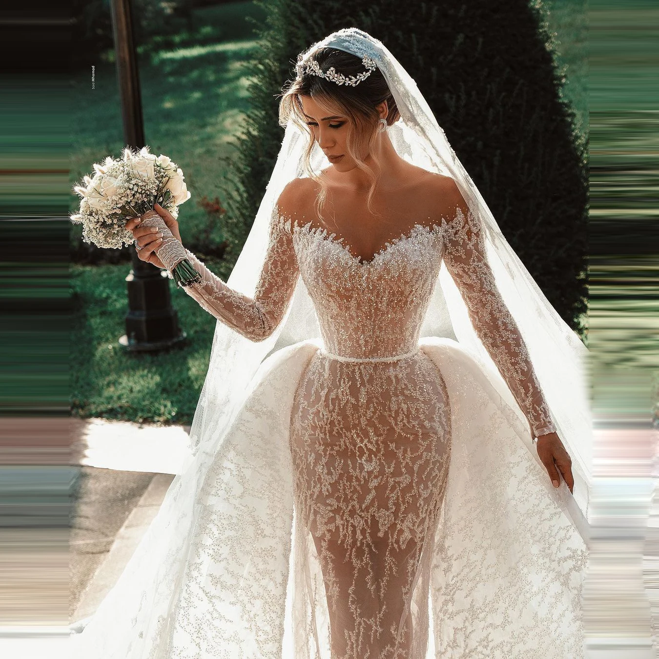 Pure White Wedding Dresses In Dubai With Overskirt Mermaid Long Sleeves Sheer Beaded Bridal Wedding Dress Custom Made
Pure White Wedding Dresses In Dubai With Overskirt Mermaid Long Sleeves Sheer Beaded Bridal Wedding Dress Custom Made