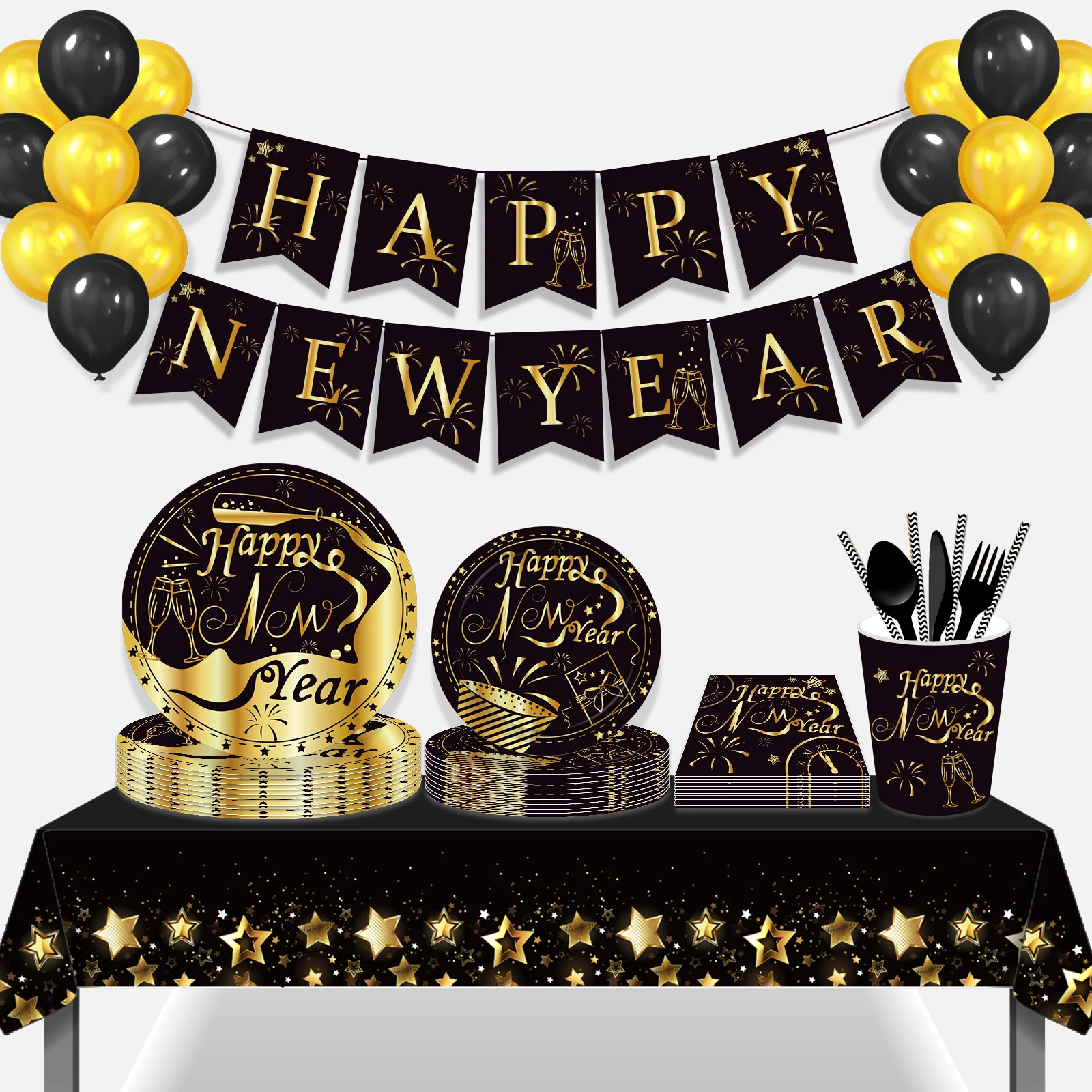 

Black Gold Happy New Year Party Champagne Wine Theme Disposable Tableware Sets Plates Cups Latex Balloons Globos Party Favors