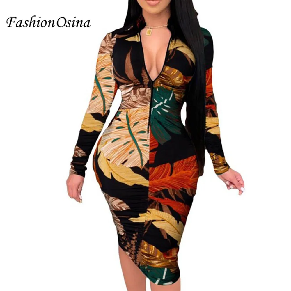 Spring Autumn Printed Long Sleeve Bodycon Midi Dress Women Zipper V-neck Knee-length Sexy Party Dresses Elegant Vestido De Mujer
Spring Autumn Printed Long Sleeve Bodycon Midi Dress Women Zipper V-neck Knee-length Sexy Party Dresses Elegant Vestido De Mujer
