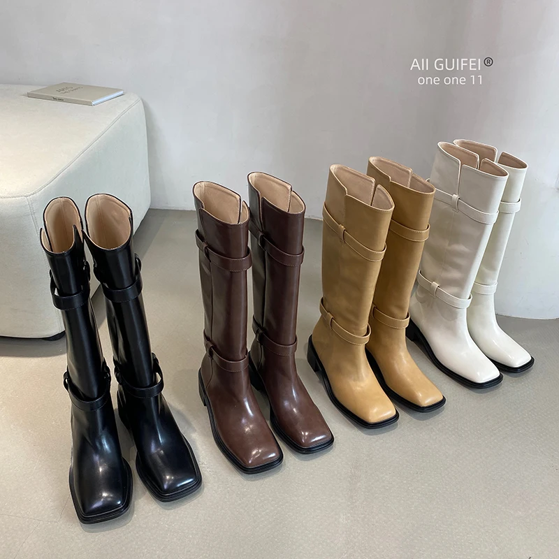 Knight Women Knee Booties Square Toe Ladies Flat Heeled Black/White/Brown/Yellow Slip On Belt Design Motorcycle Knee High Boots 
Knight Women Knee Booties Square Toe Ladies Flat Heeled Black/White/Brown/Yellow Slip On Belt Design Motorcycle Knee High Boots