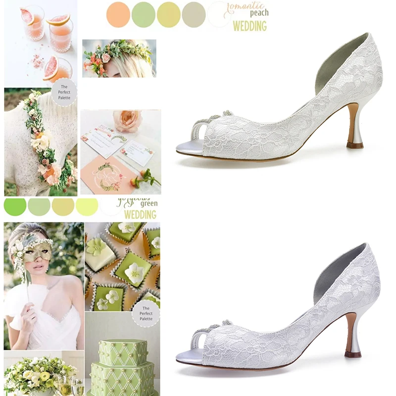 

Rhinstones Lace Wedding Shoes For Bridal Peep Toe Slip-on Bridesmaid Dress Pumps Casual White Daily Working High Heels