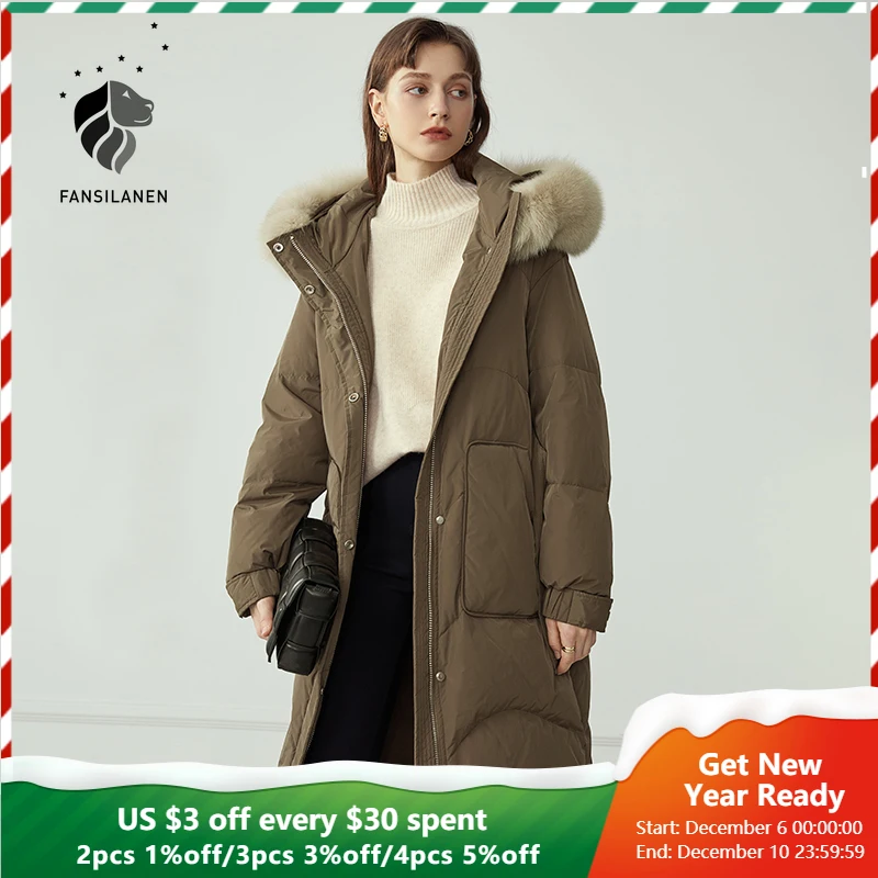 FANSILANEN Hooded Fur Long Down Coat Women Belt Wram Puffer Winter Coat Female Light Feather Oversized Casual Jacket Overcoat
FANSILANEN Hooded Fur Long Down Coat Women Belt Wram Puffer Winter Coat Female Light Feather Oversized Casual Jacket Overcoat