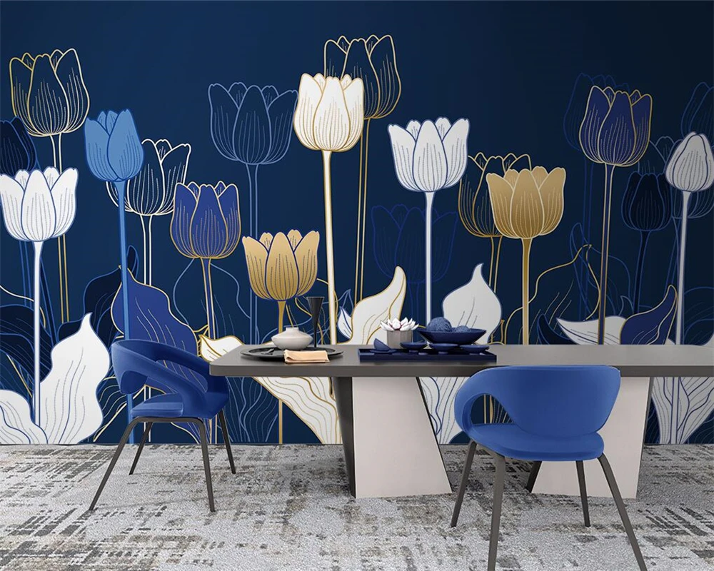

beibehang Customized new modern minimalist light luxury plant line lapis lazuli blue background wallpaper papier peint