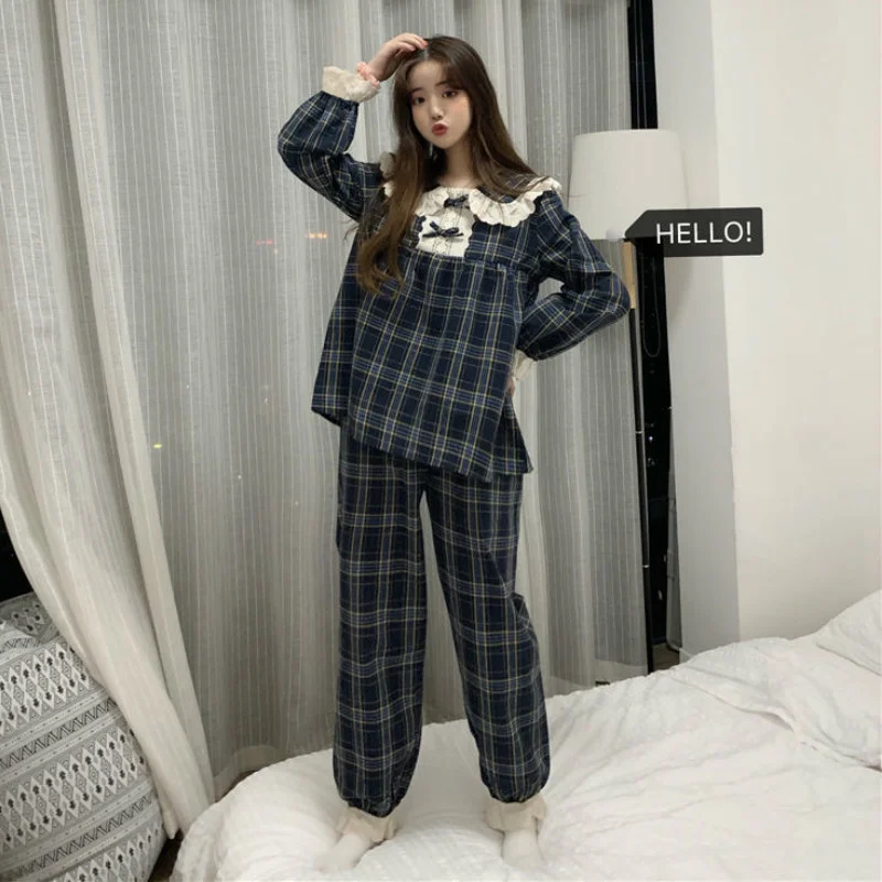 Women Pajama Sets Cotton Lace Doll Collar Tops Plaid Shorts Japanese Style Summer Kawaii Sweet Student All-match Simple Lounge 
Women Pajama Sets Cotton Lace Doll Collar Tops Plaid Shorts Japanese Style Summer Kawaii Sweet Student All-match Simple Lounge
