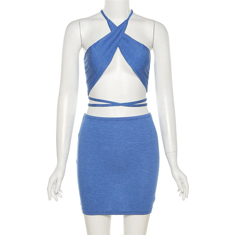 Sexy Open Back Women Two Pieces Set Cross Halter Crop Top High Waist Skirt 2 Pieces Set Skinny Fashion Club Outfits
Sexy Open Back Women Two Pieces Set Cross Halter Crop Top High Waist Skirt 2 Pieces Set Skinny Fashion Club Outfits