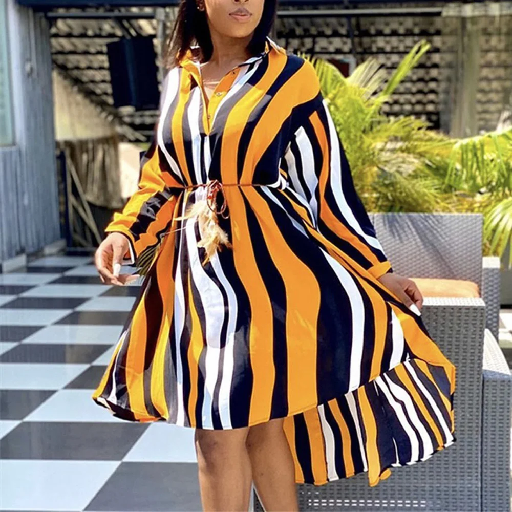 Fashion Striped Dress For Women Striped Print Turn Down Collar Single Breasted Long Sleeve Asymmetrical Elegant Dresses Midi New
Fashion Striped Dress For Women Striped Print Turn Down Collar Single Breasted Long Sleeve Asymmetrical Elegant Dresses Midi New
