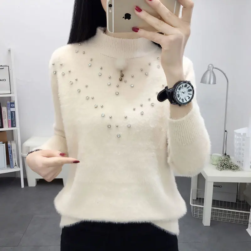 Sweaters Women Plus Size Knit 2021Winter Imitated Mink Velvet Beading Splicing Turtleneck Pullovers Jumper Jerseys Sweater Woman
Sweaters Women Plus Size Knit 2021Winter Imitated Mink Velvet Beading Splicing Turtleneck Pullovers Jumper Jerseys Sweater Woman