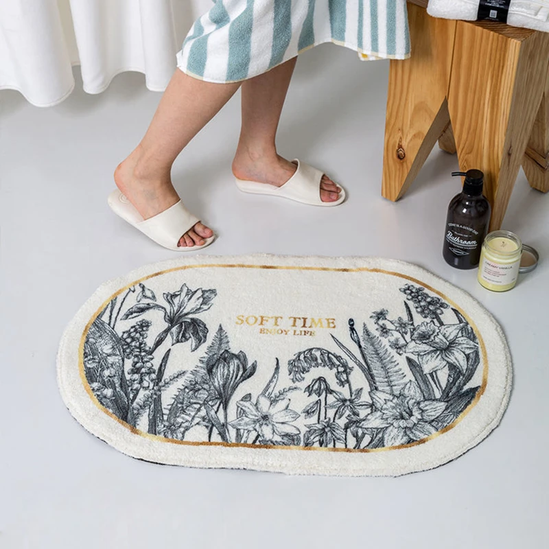 

Oval Fluffy Bathroom Mat Plants Carpet Bath Tub Side Anti Slip Entrance Area Rug Floor Pad Nordic Welcome Doormat Home Decor