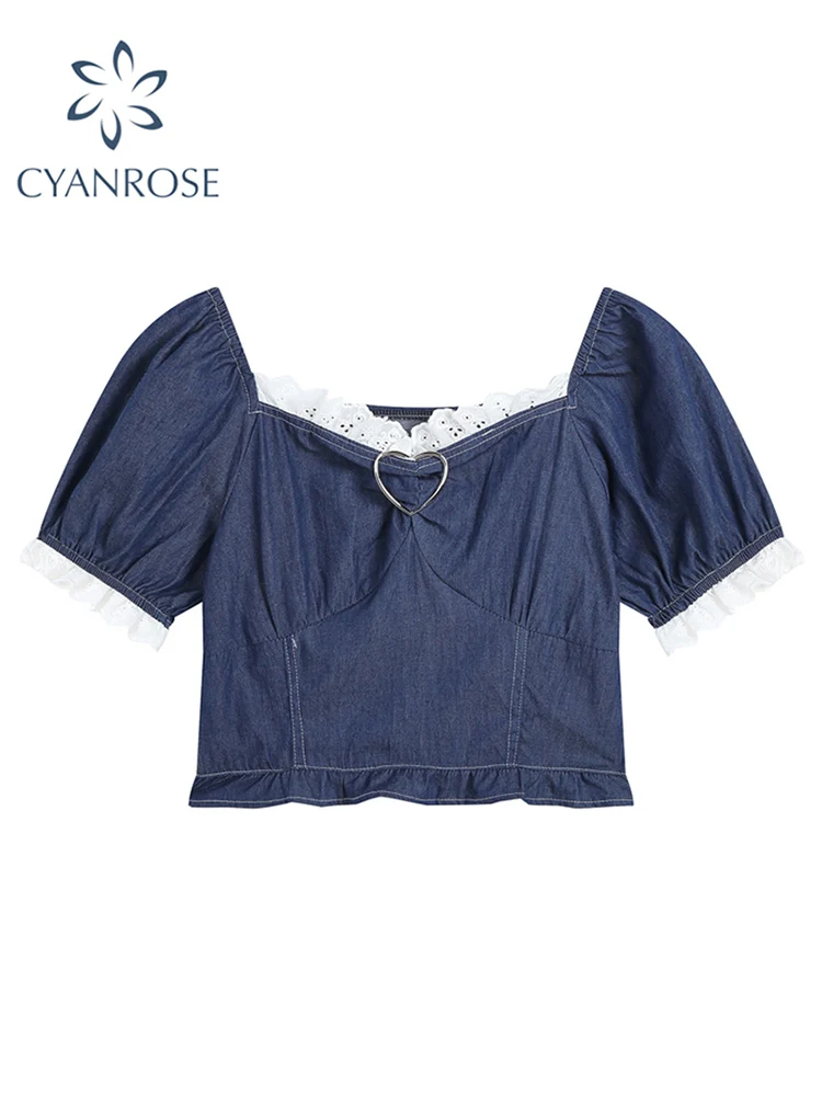 Women Fashion Patchwork Denim Shirt Vintage Blouses Loose Casual Puff Short Sleeve Square Collar Female Ladies Blouse Crop Tops
Women Fashion Patchwork Denim Shirt Vintage Blouses Loose Casual Puff Short Sleeve Square Collar Female Ladies Blouse Crop Tops