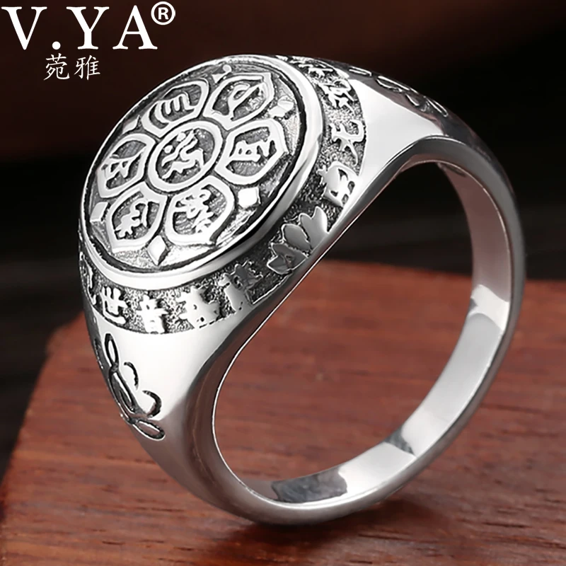 

V.YA 925 пробы серебро Буддизм лотоса кольца для мужчин и женщин Винтаж пара шесть слов мантра Панк ювелирные изделия