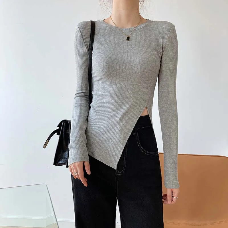 2021 spring coat design sense padded long-sleeved t-shirt women's slit slim round neck pullover bottoming shirt gray22
2021 spring coat design sense padded long-sleeved t-shirt women's slit slim round neck pullover bottoming shirt gray22