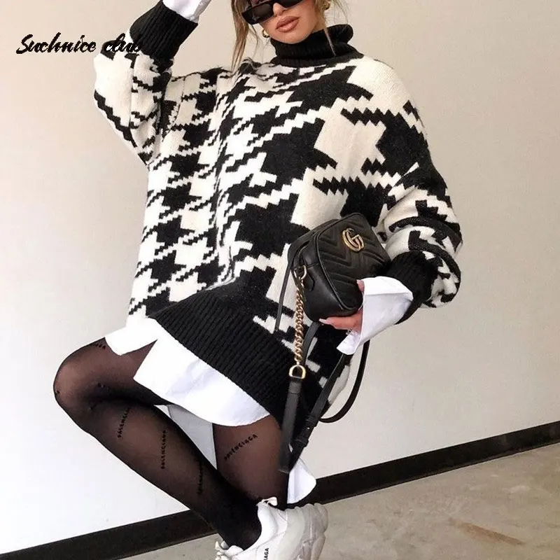 2021 Winter Turtleneck Jersey Sweater Paw Houndstooth Women Autumn Jersey Casual Retro Pullover Sweaters Ladies Party Sweater
2021 Winter Turtleneck Jersey Sweater Paw Houndstooth Women Autumn Jersey Casual Retro Pullover Sweaters Ladies Party Sweater