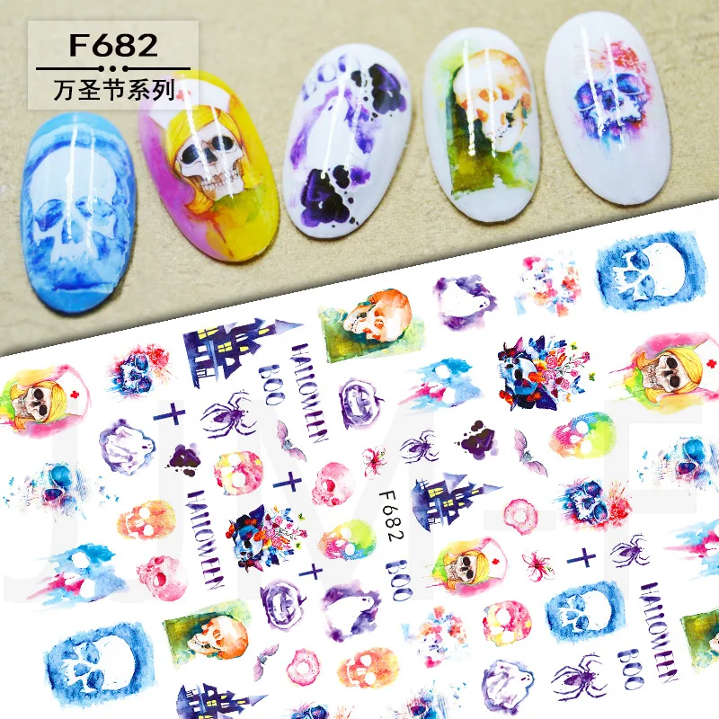 10 шт наволочки со скелетом и черепом наклейка с цветком для ногтей Nail Art наклейки