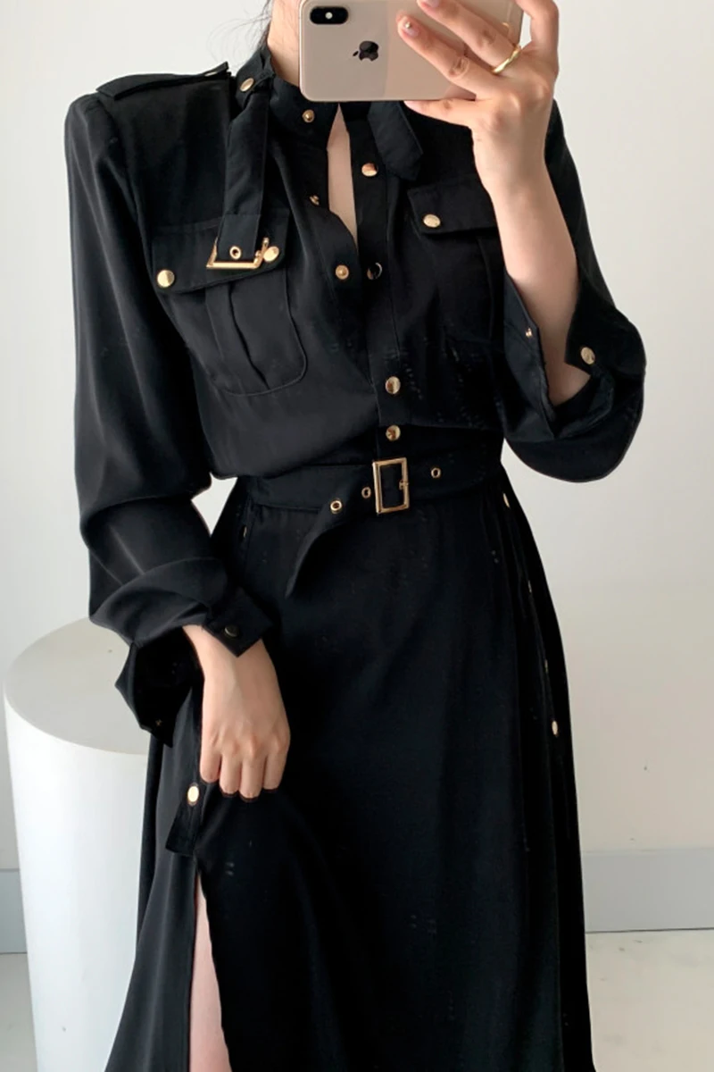 Korean Solid Turn Down Collar Pocket Decorative Lace-up Waist Hugging Split Tooling Dress for Women V239
Korean Solid Turn Down Collar Pocket Decorative Lace-up Waist Hugging Split Tooling Dress for Women V239