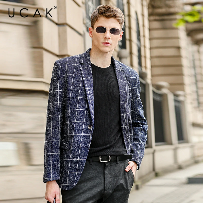 Мужская приталенная клетчатая куртка, модель U8199 на весну и осень 
Мужская приталенная клетчатая куртка, модель U8199 на весну и осень