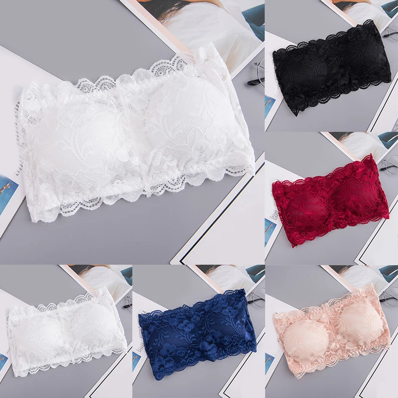 

New Sexy Women's Lace Floral Bralet Bra Bustier Back Closure Bandeau Crop Top Padded Bra Bralette Strapless Tube Top Lingerie