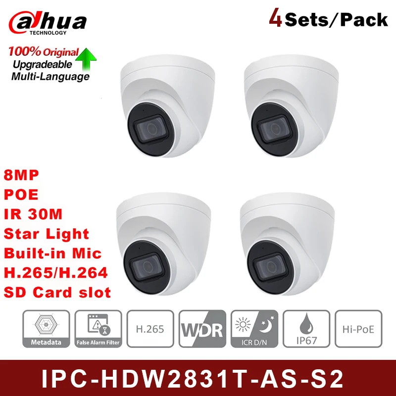Original Dahua IPC-HDW2831T-AS-S2 8MP POE Camera Built-in Mic & SD Card Slot IP67 IR 30M IVS WDR Starlight Camera 4PCS Kit
Original Dahua IPC-HDW2831T-AS-S2 8MP POE Camera Built-in Mic & SD Card Slot IP67 IR 30M IVS WDR Starlight Camera 4PCS Kit