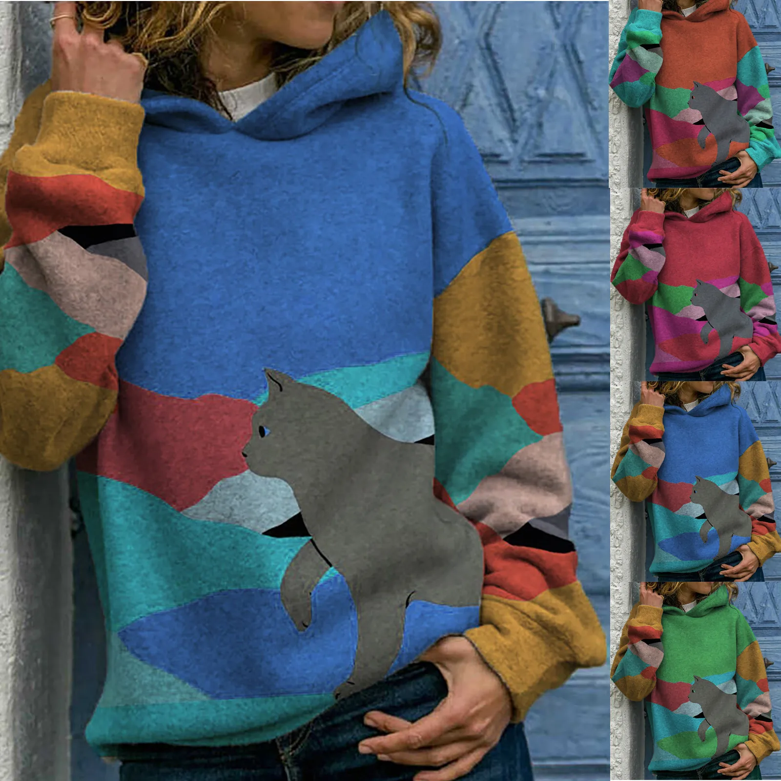 Женский зимний свитер с капюшоном Мода мультфильм животных кота детское платье