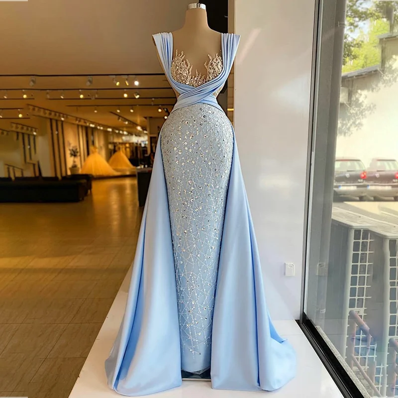 

2021 Light Blue Evening Dresses Satin Beads Sequined Women Formal Party Prom Dress Sweep Train Luxury Vestidos De Fiesta