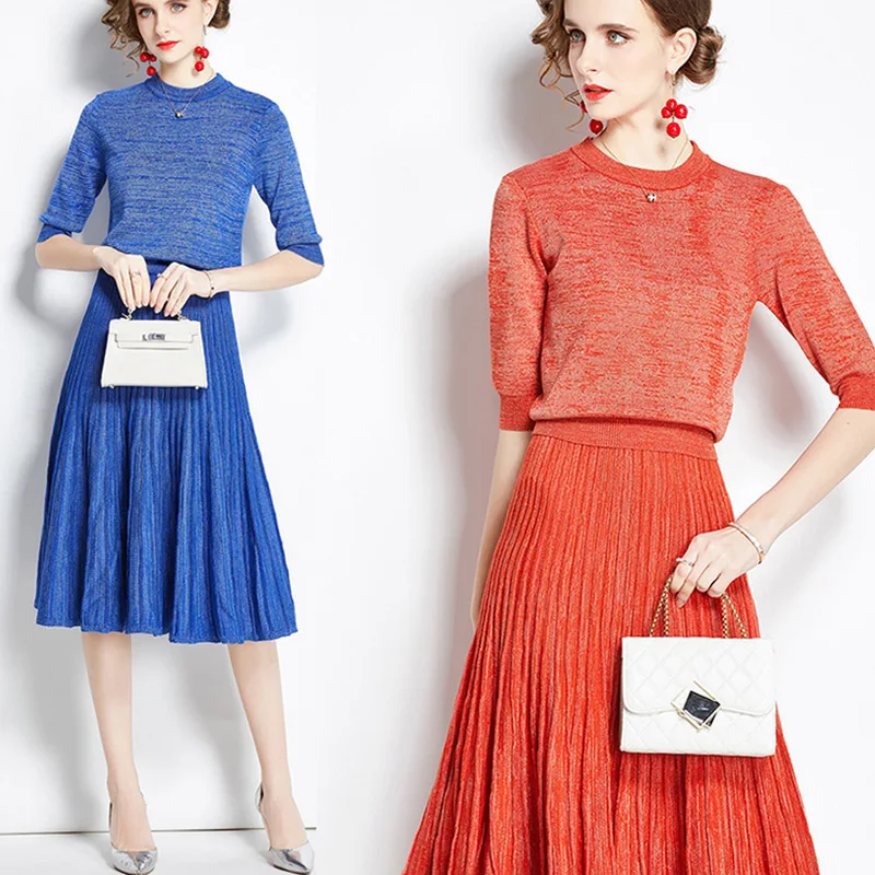 Korean Casual 2022 Spring Autumn Women's 2 Piece Knitted Suit With Skirt Half Sleeve Sweater And Pleated Skirt Clothing Set
Korean Casual 2022 Spring Autumn Women's 2 Piece Knitted Suit With Skirt Half Sleeve Sweater And Pleated Skirt Clothing Set