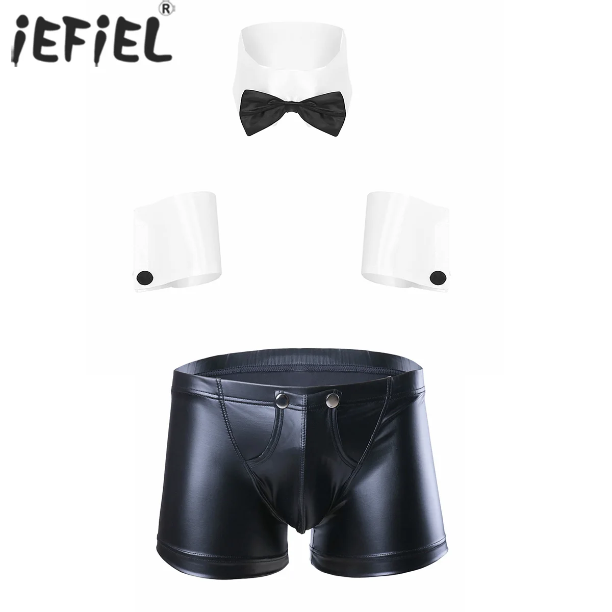 Men 4Pcs Faux Leather Glossy Lingerie Costume Bowknot Collar Cuffs with Low Rise Bulge Pouch Hot Pants for Nightclub Stage Show
Men 4Pcs Faux Leather Glossy Lingerie Costume Bowknot Collar Cuffs with Low Rise Bulge Pouch Hot Pants for Nightclub Stage Show