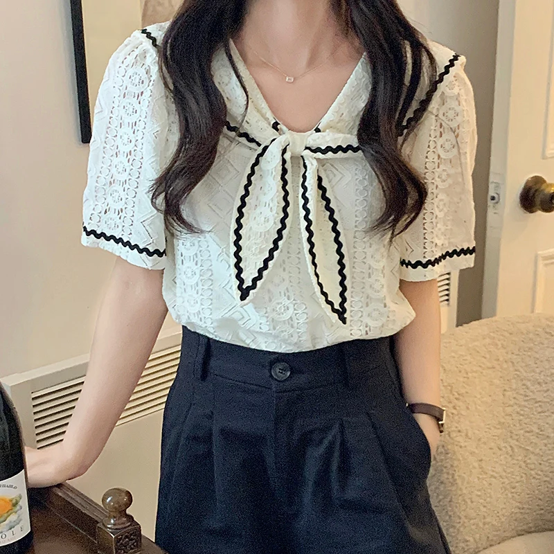 Sannian Women Shirt Summer New Navy Tie Lace Hollow Crochet Loose Short-sleeved Shirt Blouse Women Clothes Tops Ladies
Sannian Women Shirt Summer New Navy Tie Lace Hollow Crochet Loose Short-sleeved Shirt Blouse Women Clothes Tops Ladies