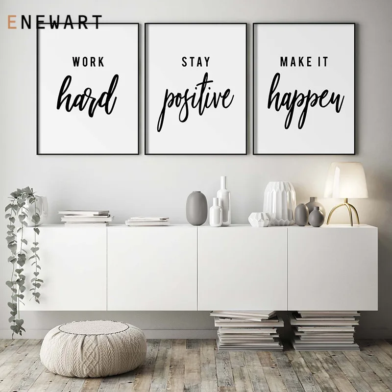 Modern Office Decorative Motivational Quote Canvas Print Work Hard Stay Positive Make It Happen Workplace Painting Wall Art | Дом и сад