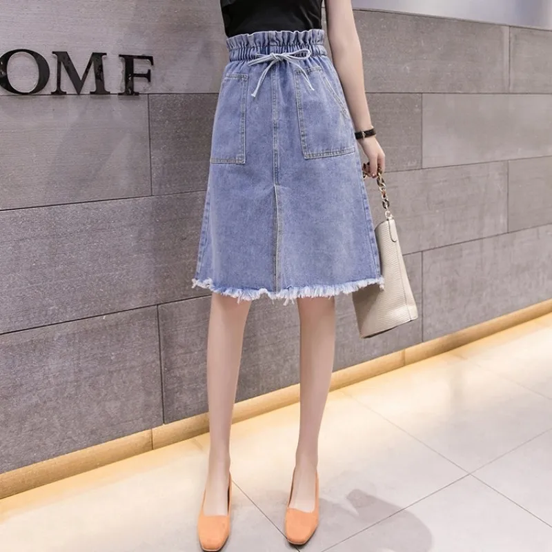 Women High Waist Denim Skirts Spring Summer New Drawstring Harajuku Slim A-Line Skirt Ladies Solid Ripped Streetwear Female 
Women High Waist Denim Skirts Spring Summer New Drawstring Harajuku Slim A-Line Skirt Ladies Solid Ripped Streetwear Female