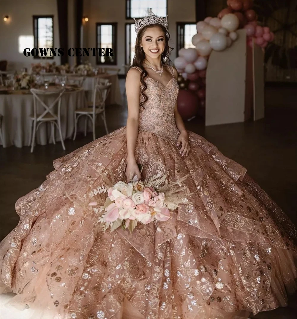 Rose Gold Ruffles Lace Up Spaghetti Quinceanera Dresses Ball Gown Princess Sweetheart Sequined Sweet 16 Dress vestidos de 15 año
Rose Gold Ruffles Lace Up Spaghetti Quinceanera Dresses Ball Gown Princess Sweetheart Sequined Sweet 16 Dress vestidos de 15 año