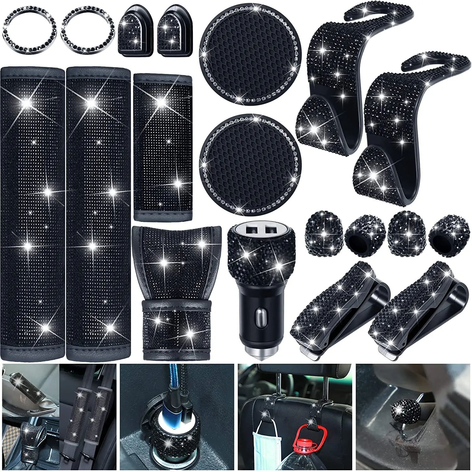 19Pcs Bling Black Car Interiror Accessories Set Dual USB Charger,Glasses Holders Start Button Ring Cup Coaster Diamond Organzier
19Pcs Bling Black Car Interiror Accessories Set Dual USB Charger,Glasses Holders Start Button Ring Cup Coaster Diamond Organzier