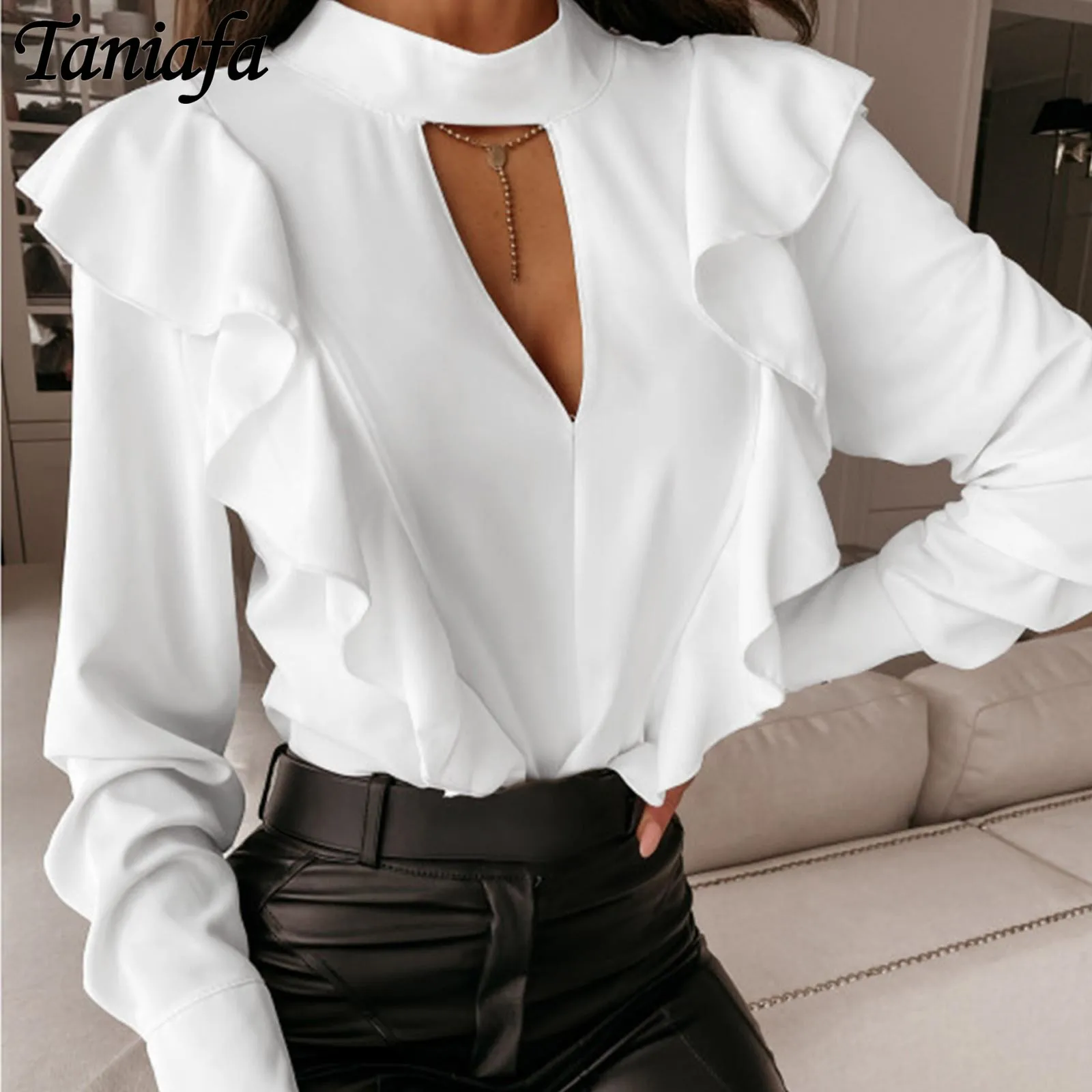 Женская ажурная блузка с длинным рукавом и V-образным вырезом, топ с оборками, повседневные рубашки с оборками, Модный пуловер, блузка на осе... 
Женская ажурная блузка с длинным рукавом и V-образным вырезом, топ с оборками, повседневные рубашки с оборками, Модный пуловер, блузка на осе...