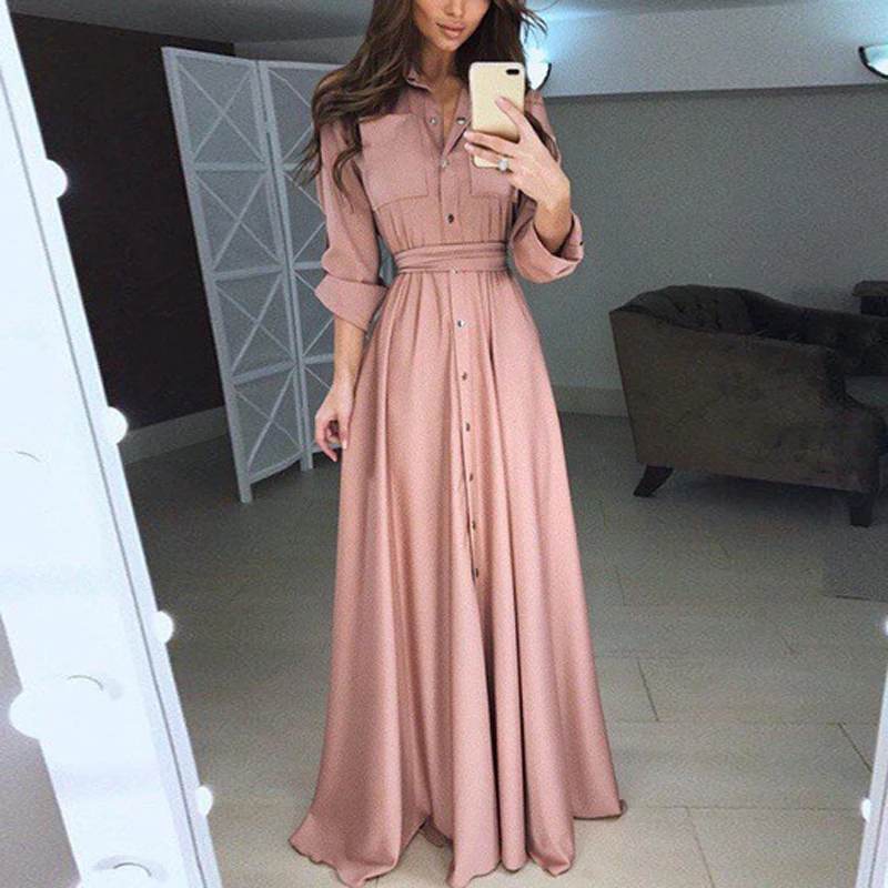 Sexy Maxi Dress Womens Casual Long Sleeve Solid Elegant Woman Dress 2021 Turn Down Collar Long Dresses Autumn Pleated Dresses
Sexy Maxi Dress Womens Casual Long Sleeve Solid Elegant Woman Dress 2021 Turn Down Collar Long Dresses Autumn Pleated Dresses
