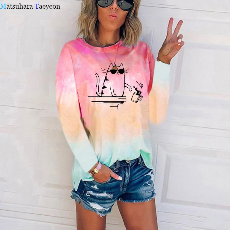 Cat Funny Cartoon T Shirt Women Casual Harajuku Shirt Cotton Tie-dyed Long Sleeves Tops Women Autumn Top Tees Female
Cat Funny Cartoon T Shirt Women Casual Harajuku Shirt Cotton Tie-dyed Long Sleeves Tops Women Autumn Top Tees Female