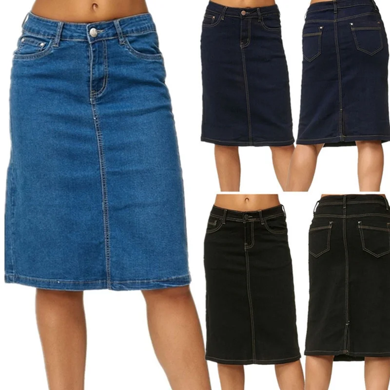 Denim Skirt Women Fashion Stretch Knee Length Washed Denim Blue Skirts Plus Size Pockets Pure Color Office Female Skirts
Denim Skirt Women Fashion Stretch Knee Length Washed Denim Blue Skirts Plus Size Pockets Pure Color Office Female Skirts