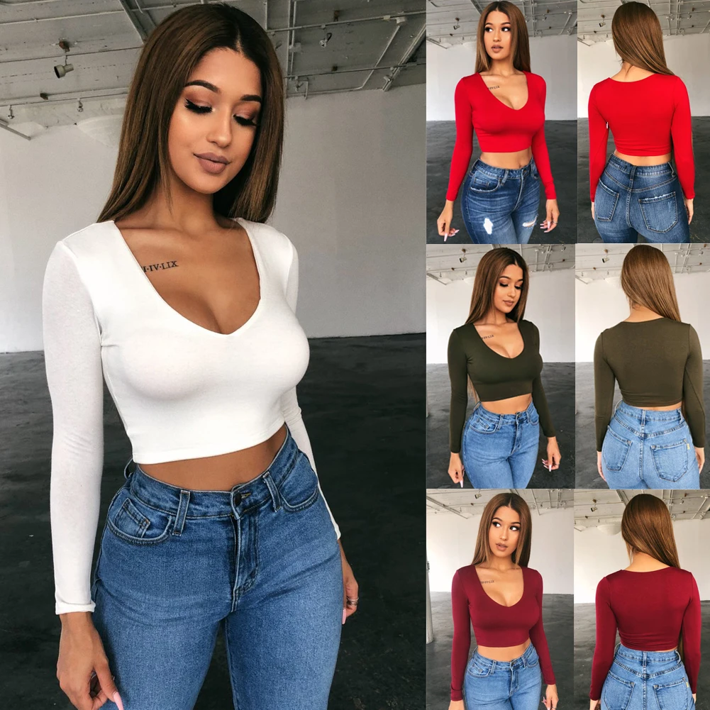 New Woman Ladies Girl Long Sleeve Deep V-neck Solid Color Crop Tops T-shirt Tee Tops High Street Clothes
New Woman Ladies Girl Long Sleeve Deep V-neck Solid Color Crop Tops T-shirt Tee Tops High Street Clothes
